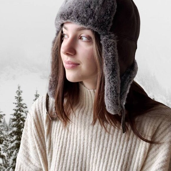 Shearling Sheepskin Leather Trapper Hat Aviator | Winter Hat | Ushanka - Picture 6 of 10